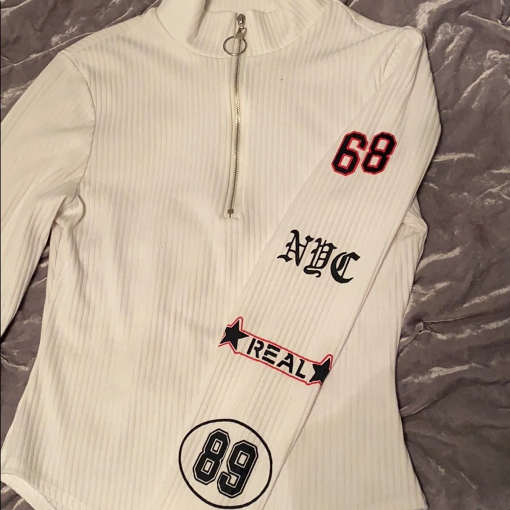 white zip up front ribbed bodysuit ッ